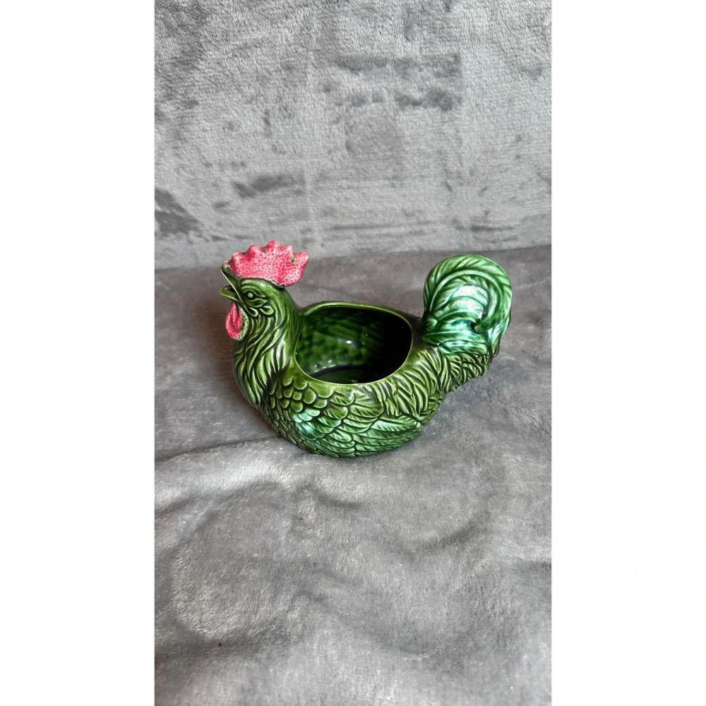 Vintage Rooster Planter Unisex OS Green Excellent Ceramic Majolica Figurine